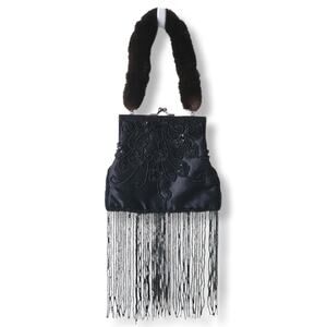 VTG Mitchie's Black Beaded Bag Mink Fur Strap Cocktail Whimsigoth Party Evening